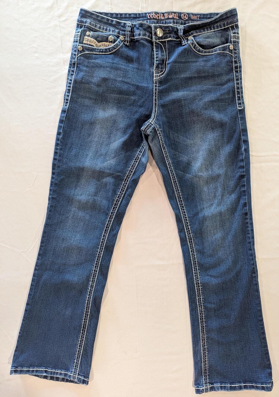 Rebel Soul Jeans Womens 14 Blue Med Wash High Rise Bootcut Rhinestone Denim